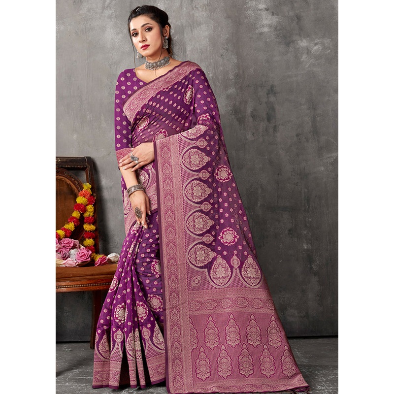 Purple Organza Saree With Blouse Piece - JD986580872