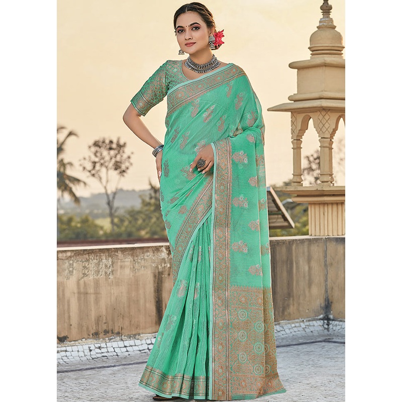 Rama Spun Silk Saree With Blouse Piece - JD986580767