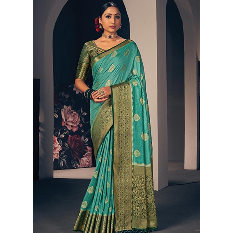 Rama Spun Silk Saree With Blouse Piece - JD986580778
