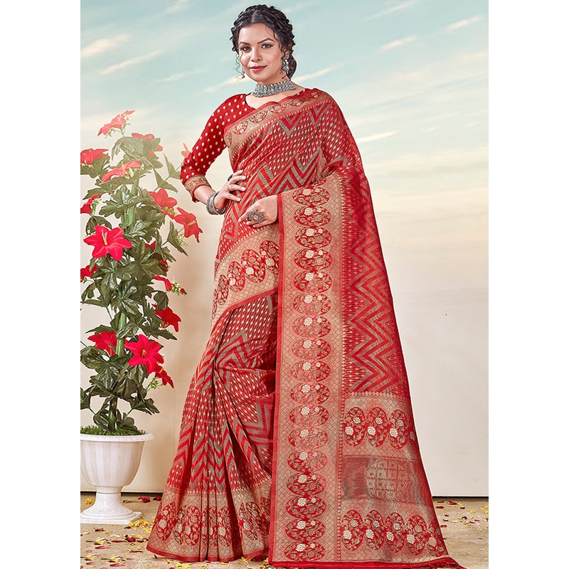 Red Organza Saree With Blouse Piece - JD986580862