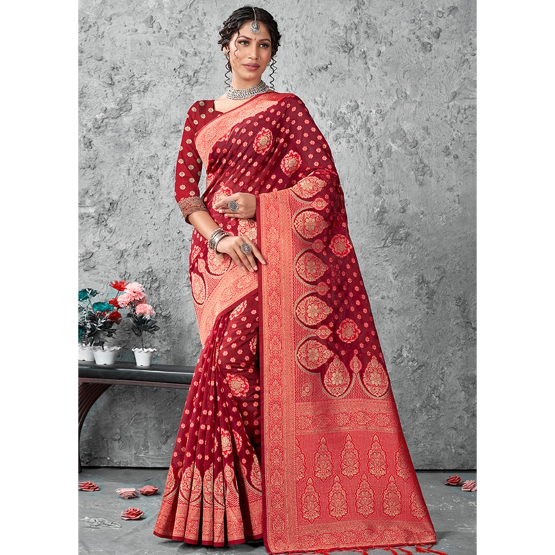 Red Organza Saree With Blouse Piece - JD986580877