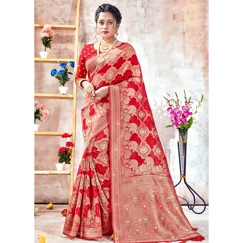 Red Organza Saree With Blouse Piece - JD986580879