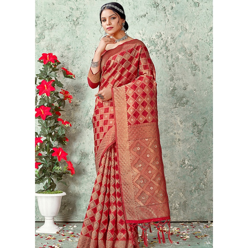 Red Organza Saree With Blouse Piece - JD986580884