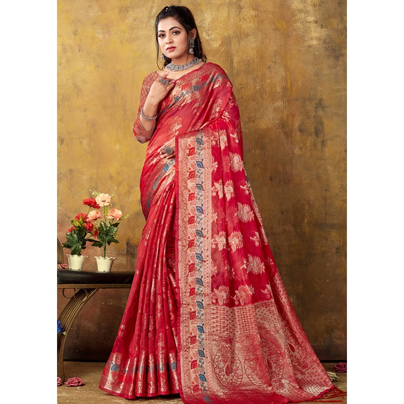 Red Organza Saree With Blouse Piece - JD986580895