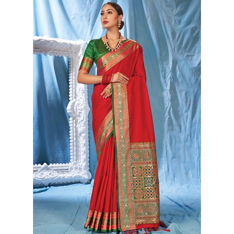 Red Spun Silk Saree With Blouse Piece - JD986580770