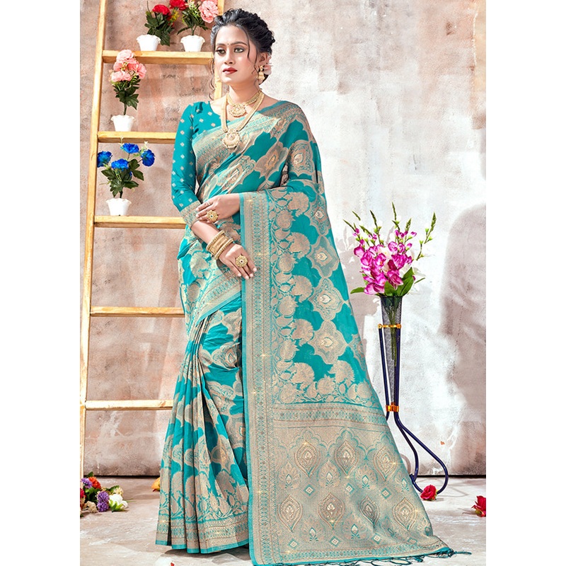 Sea Green Organza Saree With Blouse Piece - JD986580880