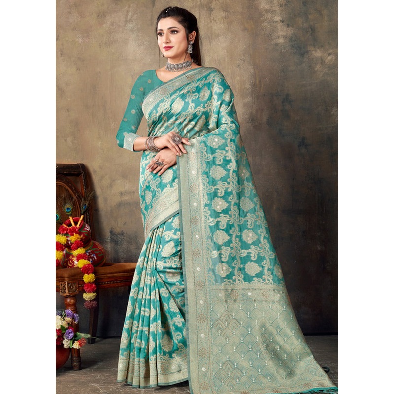 Sky Blue Organza Saree With Blouse Piece - JD986580871