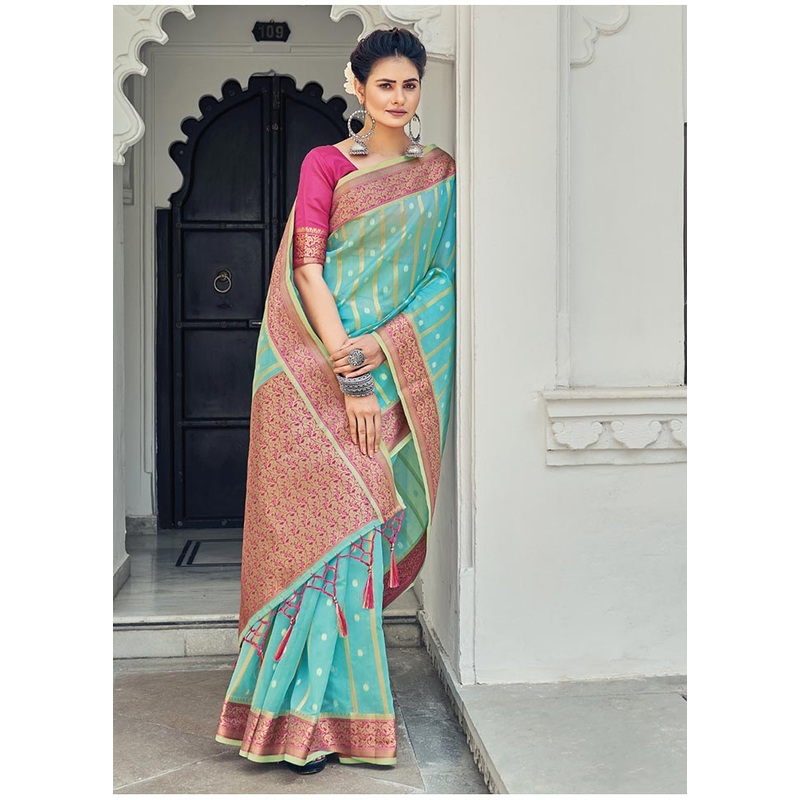 Sky Blue Spun Silk Saree With Blouse Piece - JD986580810