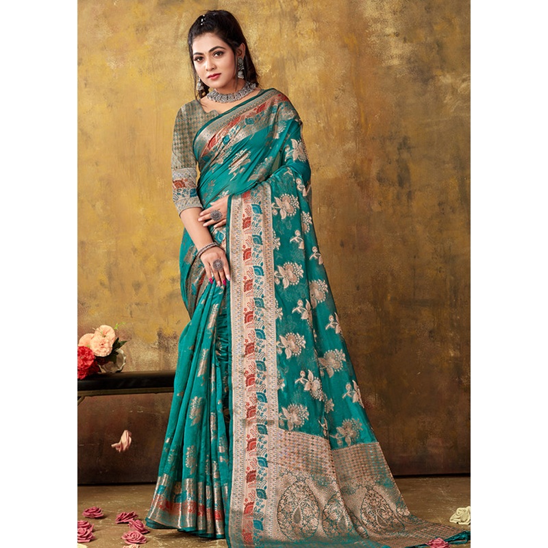 Teal Blue Organza Saree With Blouse Piece - JD986580900
