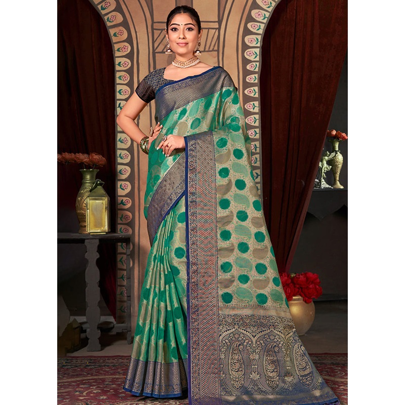 Teal Organza Saree With Blouse Piece - JD986580849