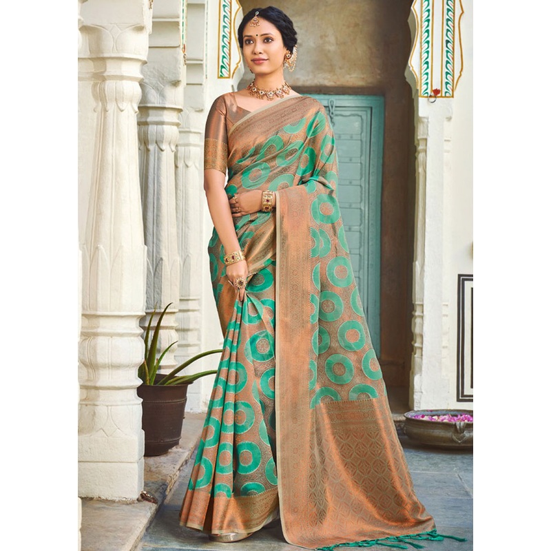 Turquoise Organza Saree With Blouse Piece - JD986580841