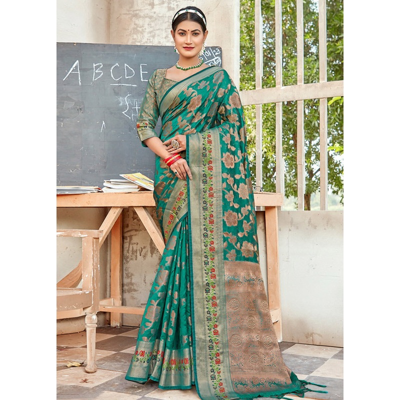 Turquoise Organza Saree With Blouse Piece - JD986580860