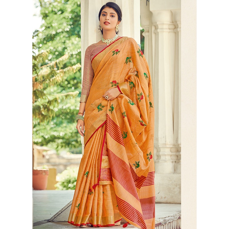 Yellow Linen Silk Saree With Blouse Piece - JD986580905