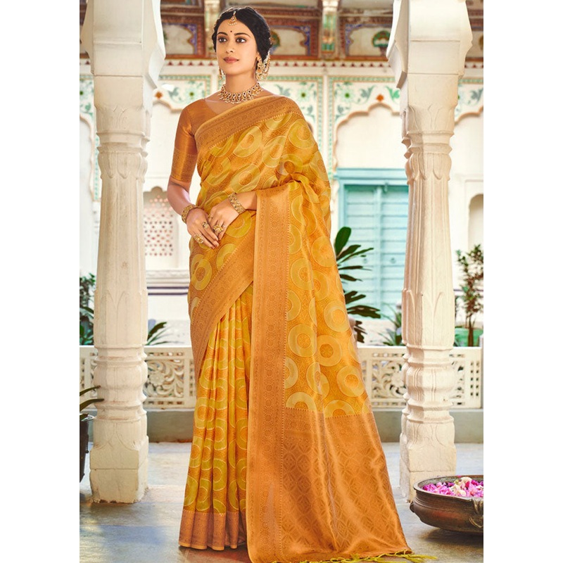 Yellow Organza Saree With Blouse Piece - JD986580842