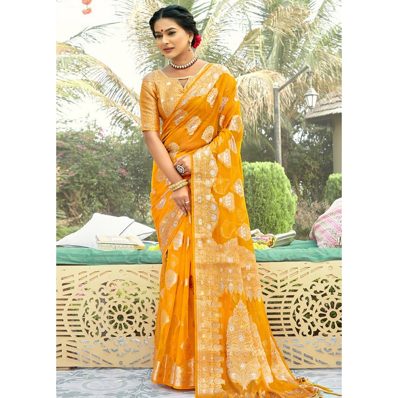 Yellow Organza Saree With Blouse Piece - JD986580852
