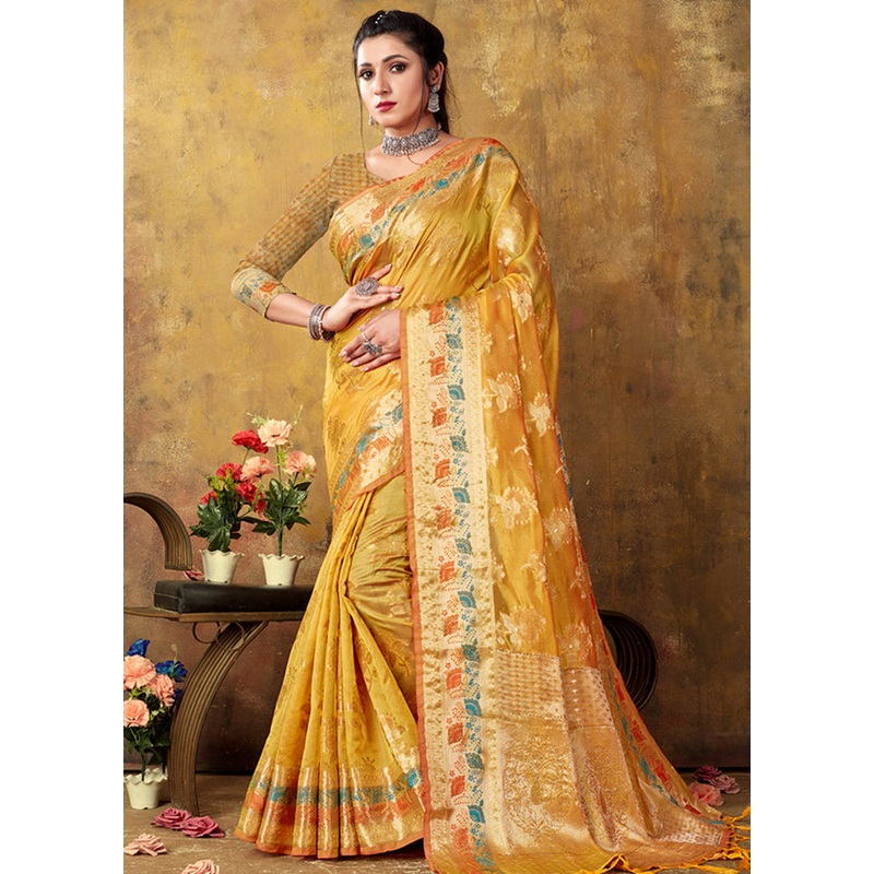 Yellow Organza Saree With Blouse Piece - JD986580897