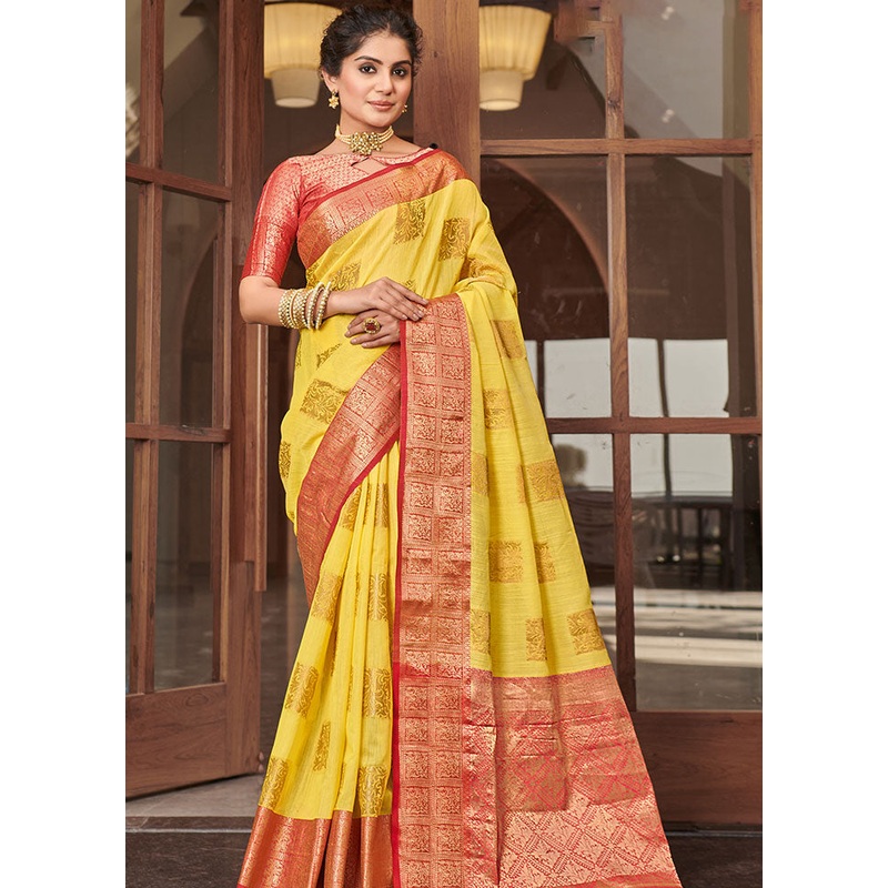 Yellow Spun Silk Saree With Blouse Piece - JD986580763