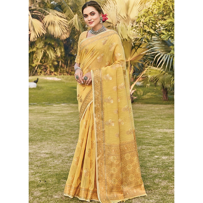 Yellow Spun Silk Saree With Blouse Piece - JD986580766