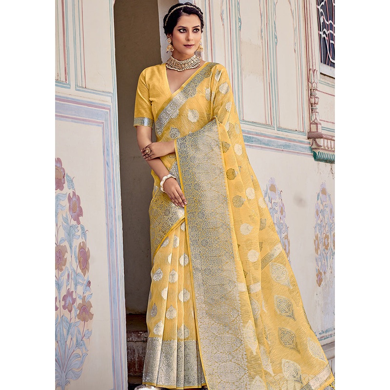 Yellow Spun Silk Saree With Blouse Piece - JD986580787