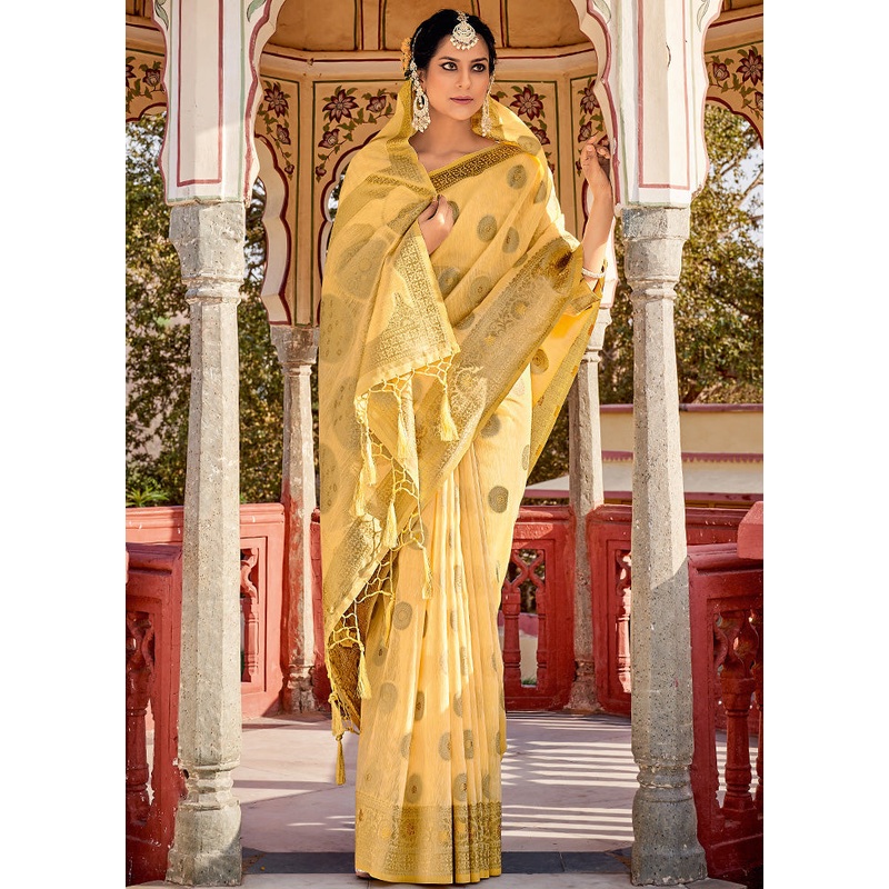 Yellow Spun Silk Saree With Blouse Piece - JD986580792