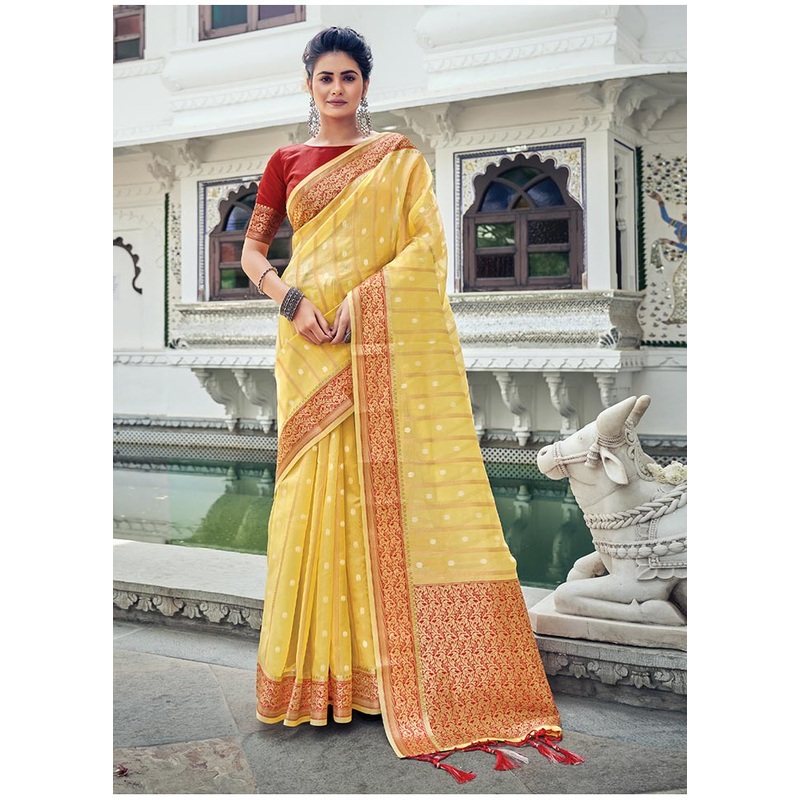 Yellow Spun Silk Saree With Blouse Piece - JD986580811