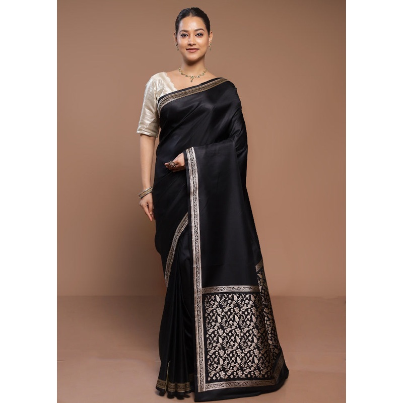 Black Banarasi Silk Saree With Blouse Piece - JD986580719