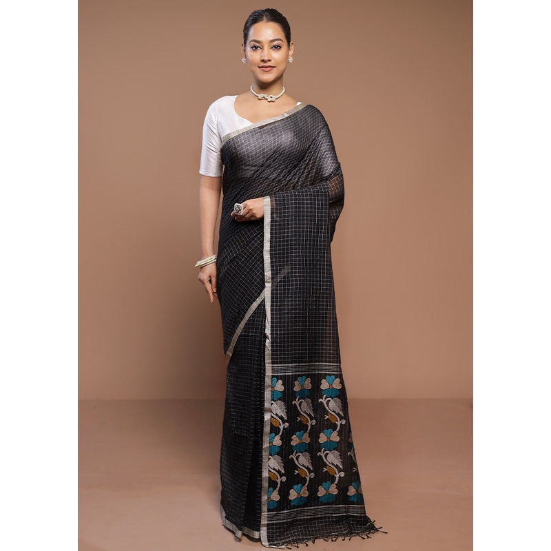 Black Cotton Saree With Blouse Piece - JD986580717
