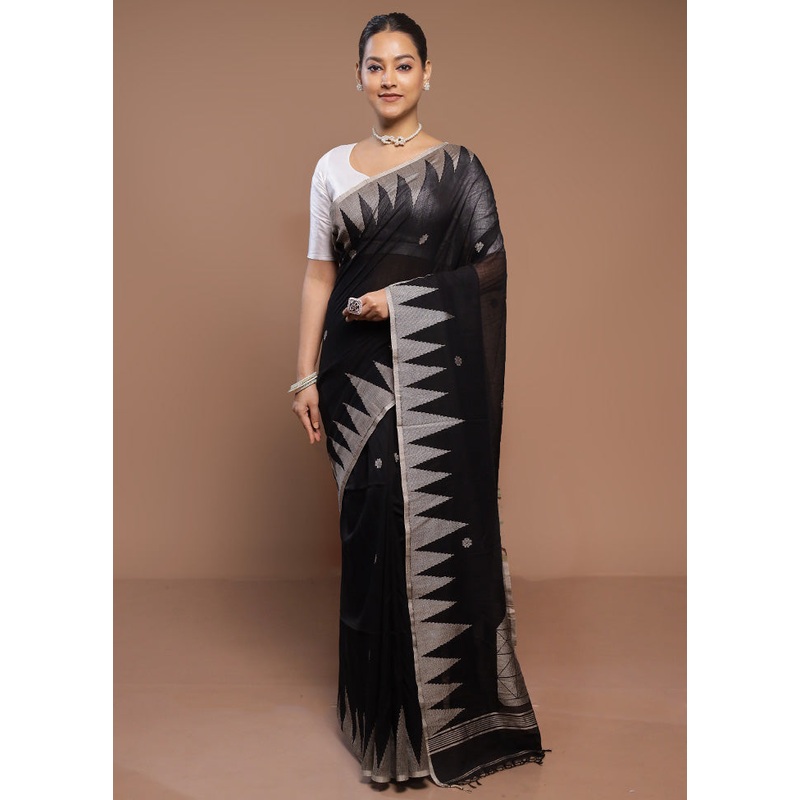 Black Cotton Saree With Blouse Piece - JD986580718