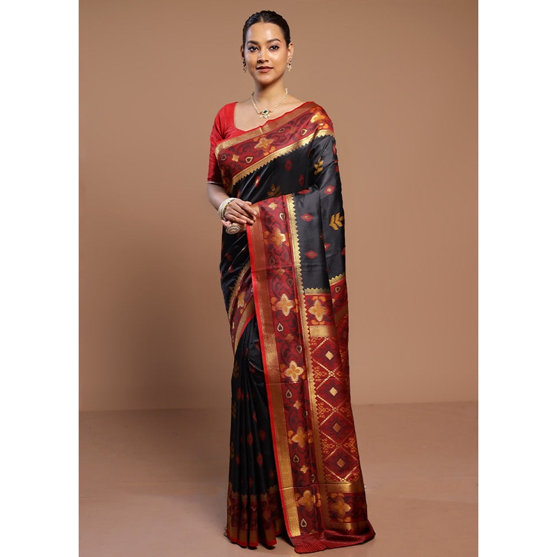 Black Dupion Silk Saree With Blouse Piece - JD986580569