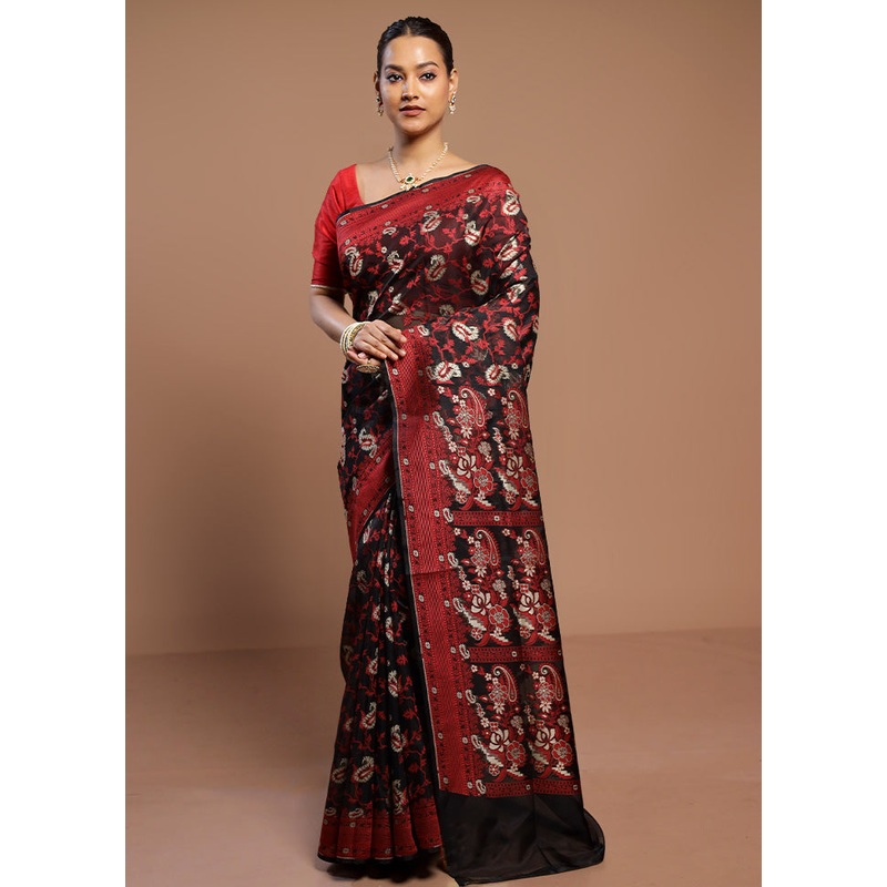 Black Kora Silk Saree With Blouse Piece - JD986580568