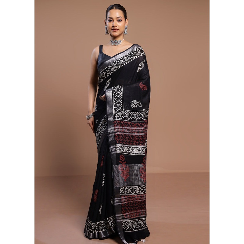 Black Linen Silk Saree With Blouse Piece - JD986580567