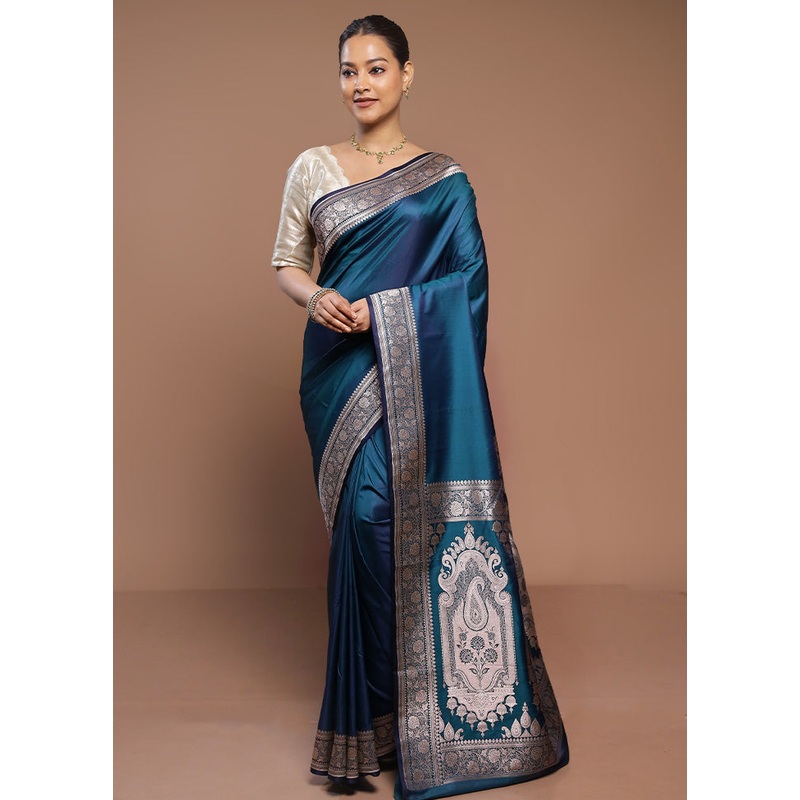 Blue Banarasi Silk Saree With Blouse Piece - JD986580715