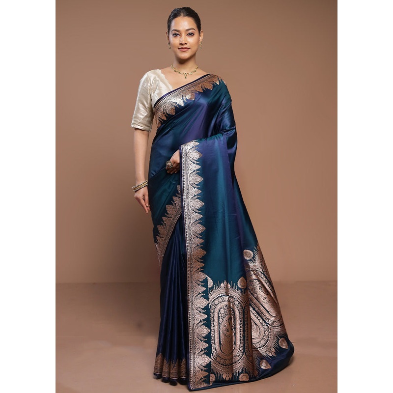 Blue Banarasi Silk Saree With Blouse Piece - JD986580716