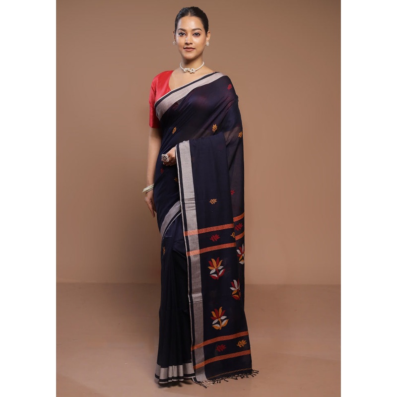 Blue Cotton Saree With Blouse Piece - JD986580707