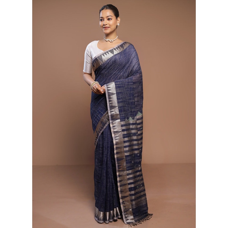 Blue Cotton Saree With Blouse Piece - JD986580708
