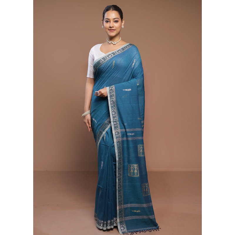 Blue Cotton Saree With Blouse Piece - JD986580709