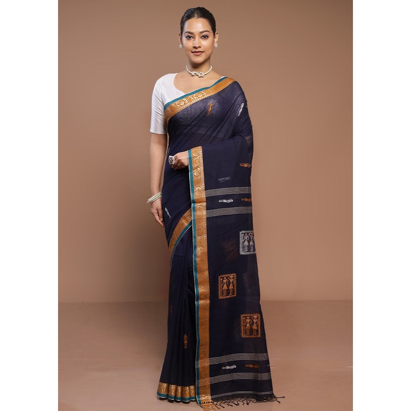 Blue Cotton Saree With Blouse Piece - JD986580710