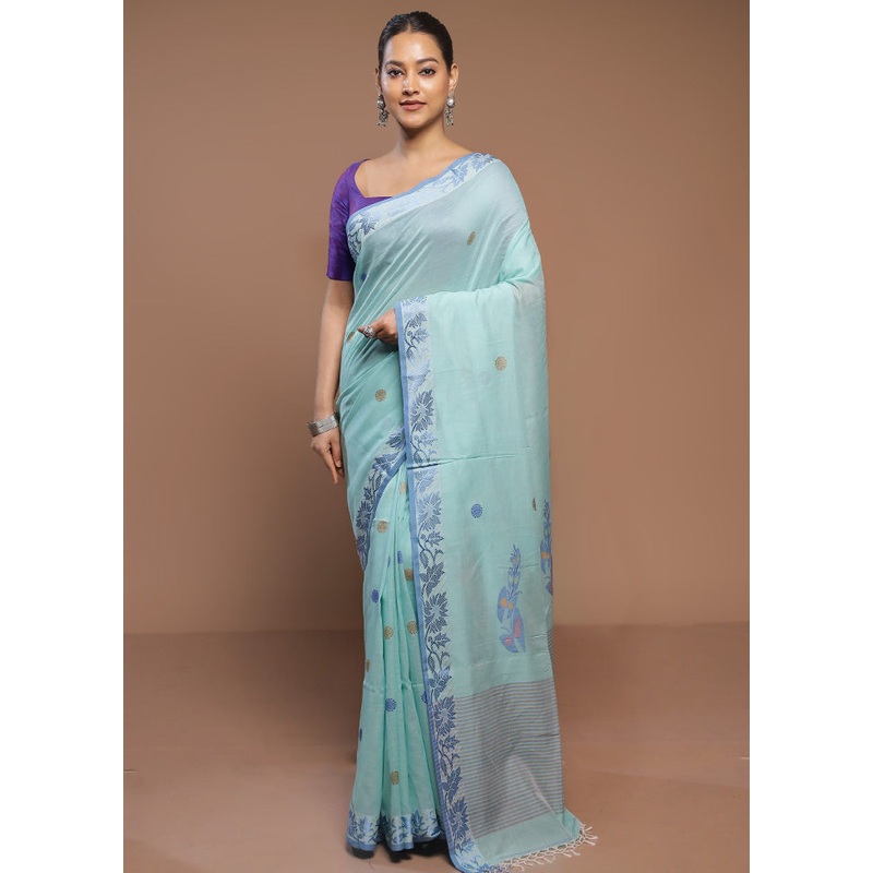 Blue Cotton Saree With Blouse Piece - JD986580711