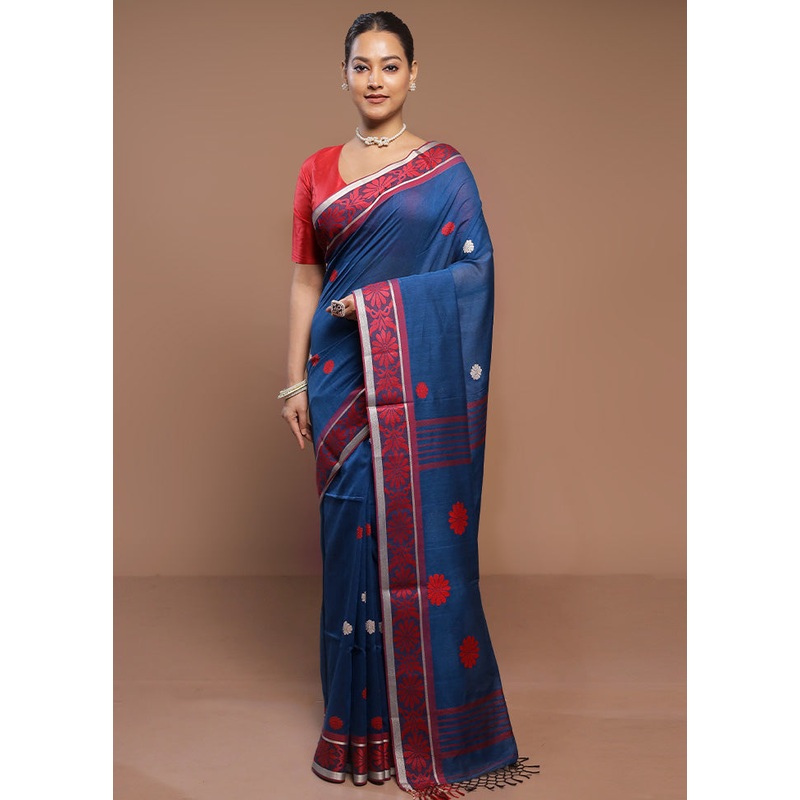 Blue Cotton Saree With Blouse Piece - JD986580712
