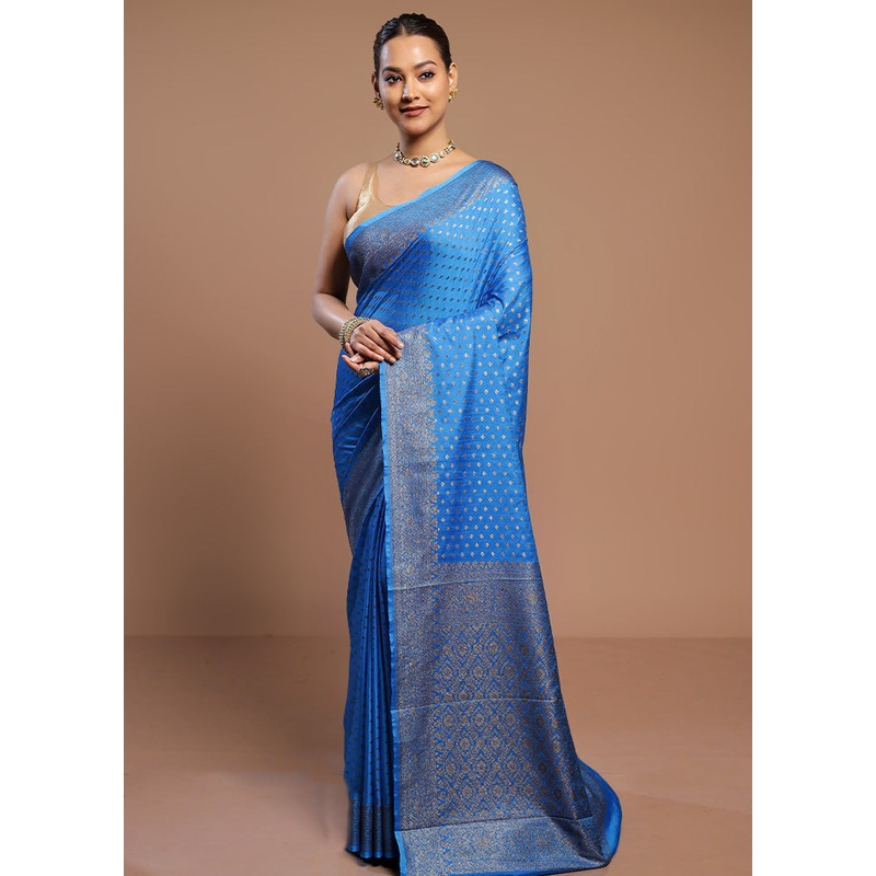 Blue Dupion Silk Saree With Blouse Piece - JD986580564