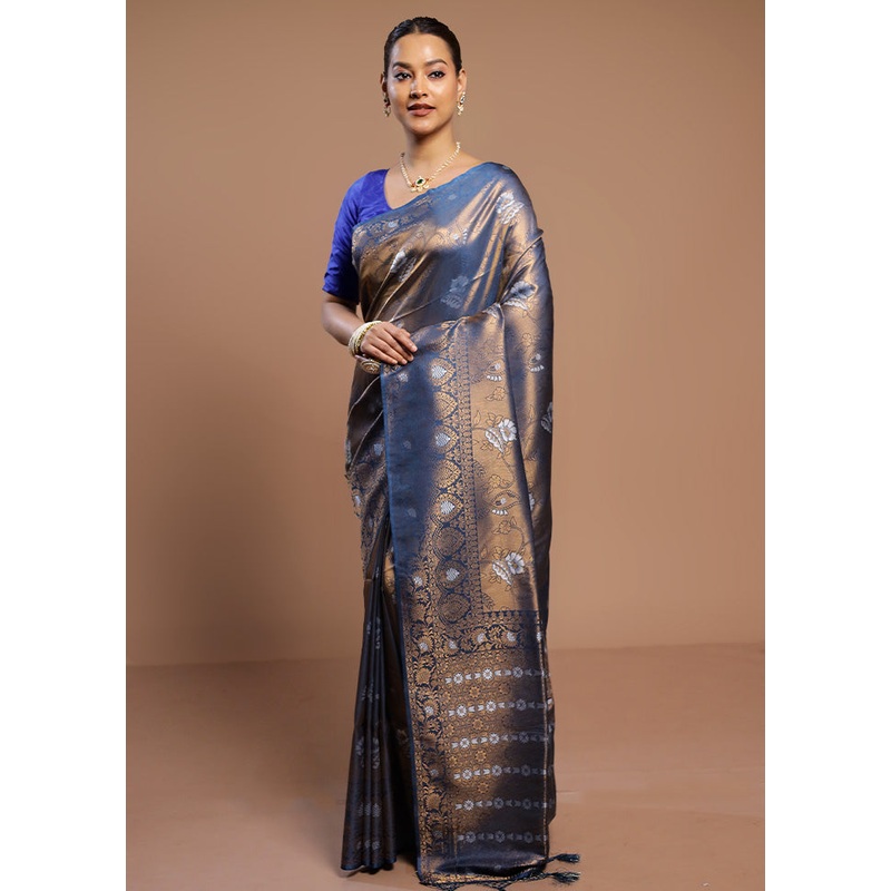 Blue Dupion Silk Saree With Blouse Piece - JD986580565