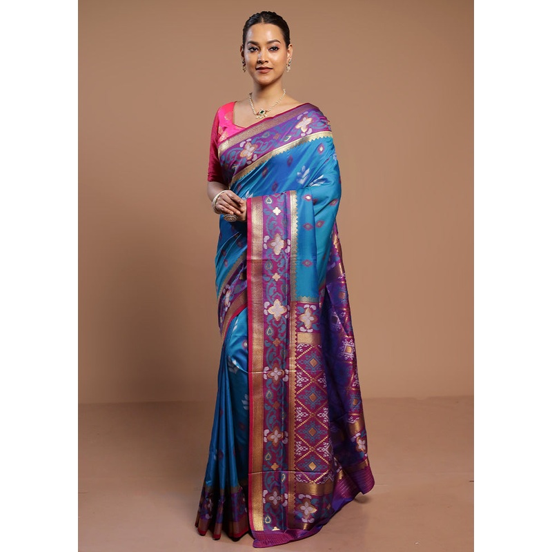 Blue Dupion Silk Saree With Blouse Piece - JD986580566