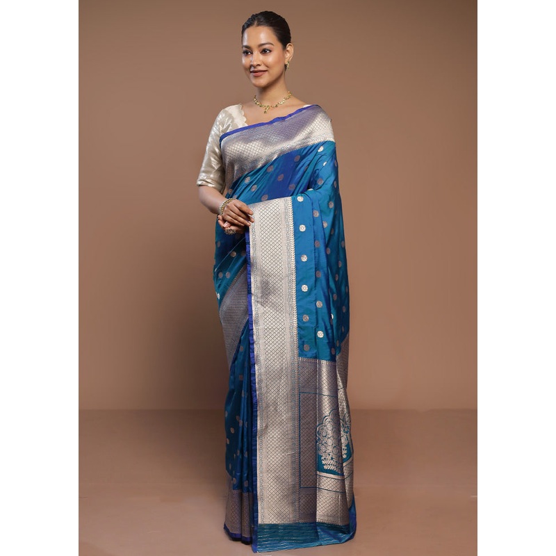 Blue Handloom Katan Pure Silk Saree With Blouse Piece - JD986580713