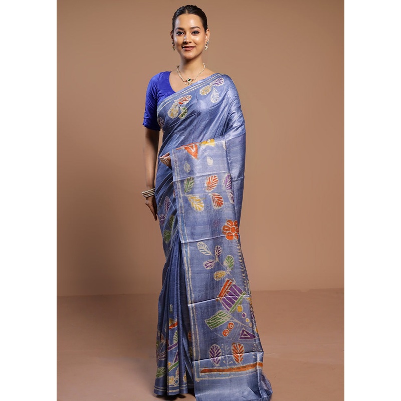 Blue Handloom Tussar Pure Silk Saree With Blouse Piece - JD986580560