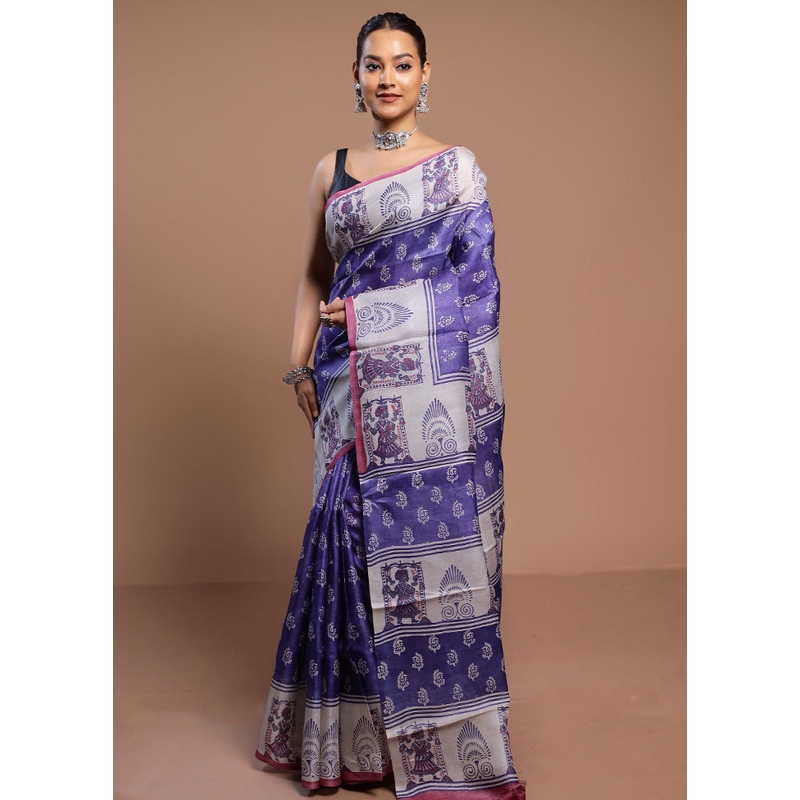 Blue Handloom Tussar Pure Silk Saree With Blouse Piece - JD986580561