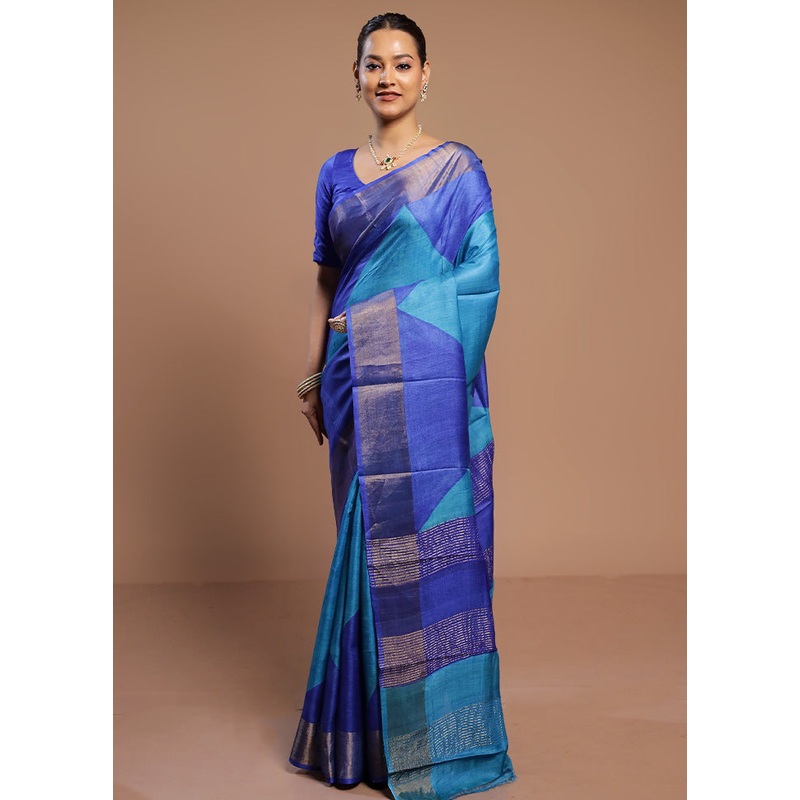 Blue Tussar Silk Saree With Blouse Piece - JD986580556