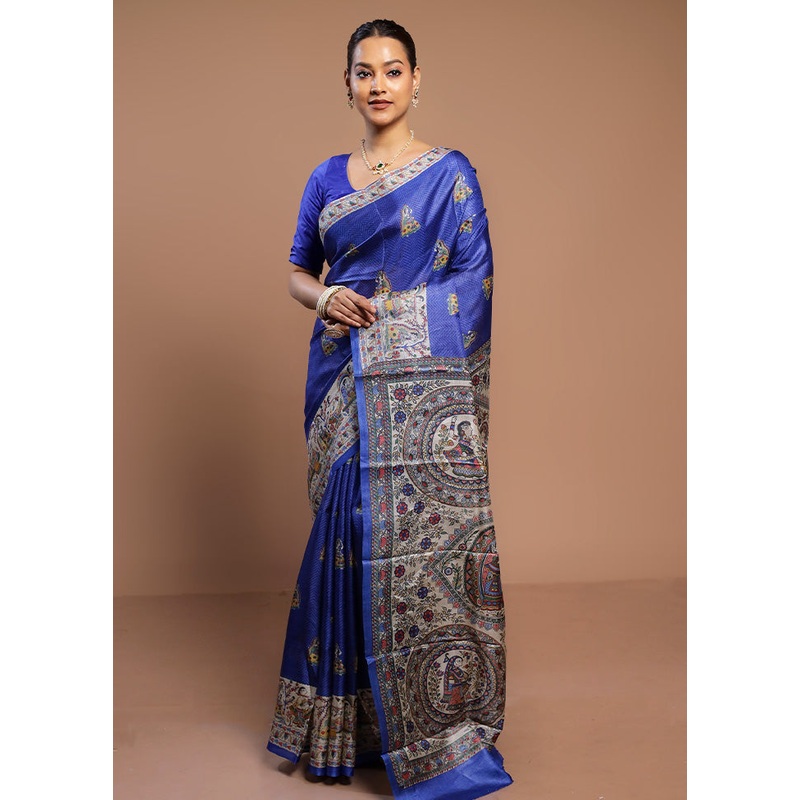 Blue Tussar Silk Saree With Blouse Piece - JD986580557