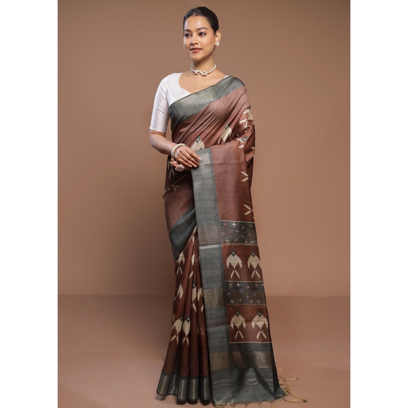 Brown Tussar Silk Saree With Blouse Piece - JD986580706