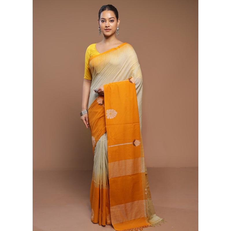 Cream Cotton Saree With Blouse Piece - JD986580699