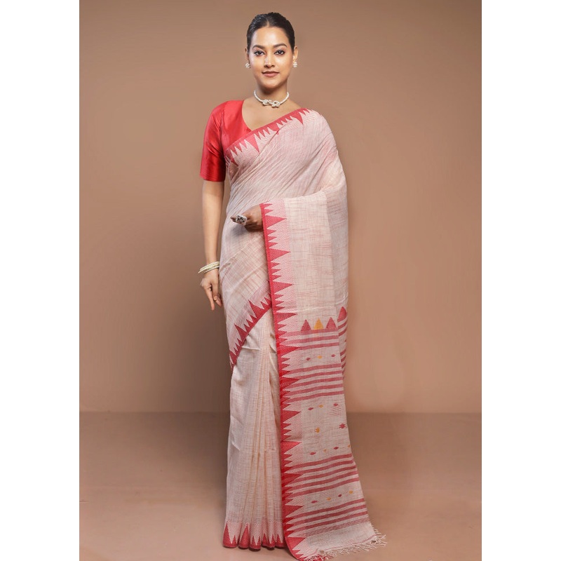 Cream Cotton Saree With Blouse Piece - JD986580700